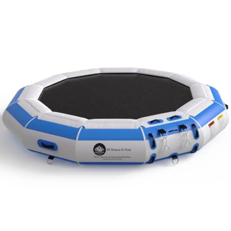 

Lake water trampoline: heavy-duty inflatable floating platform in blue featuring electric pump and rope ladder for adults and y