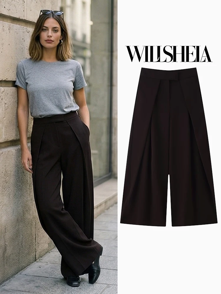 

Willshela Women Fashion Solid Front Zipper Pleated Wide Leg Pants Vintage High Waist Full Length Female Chic Lady Trousers