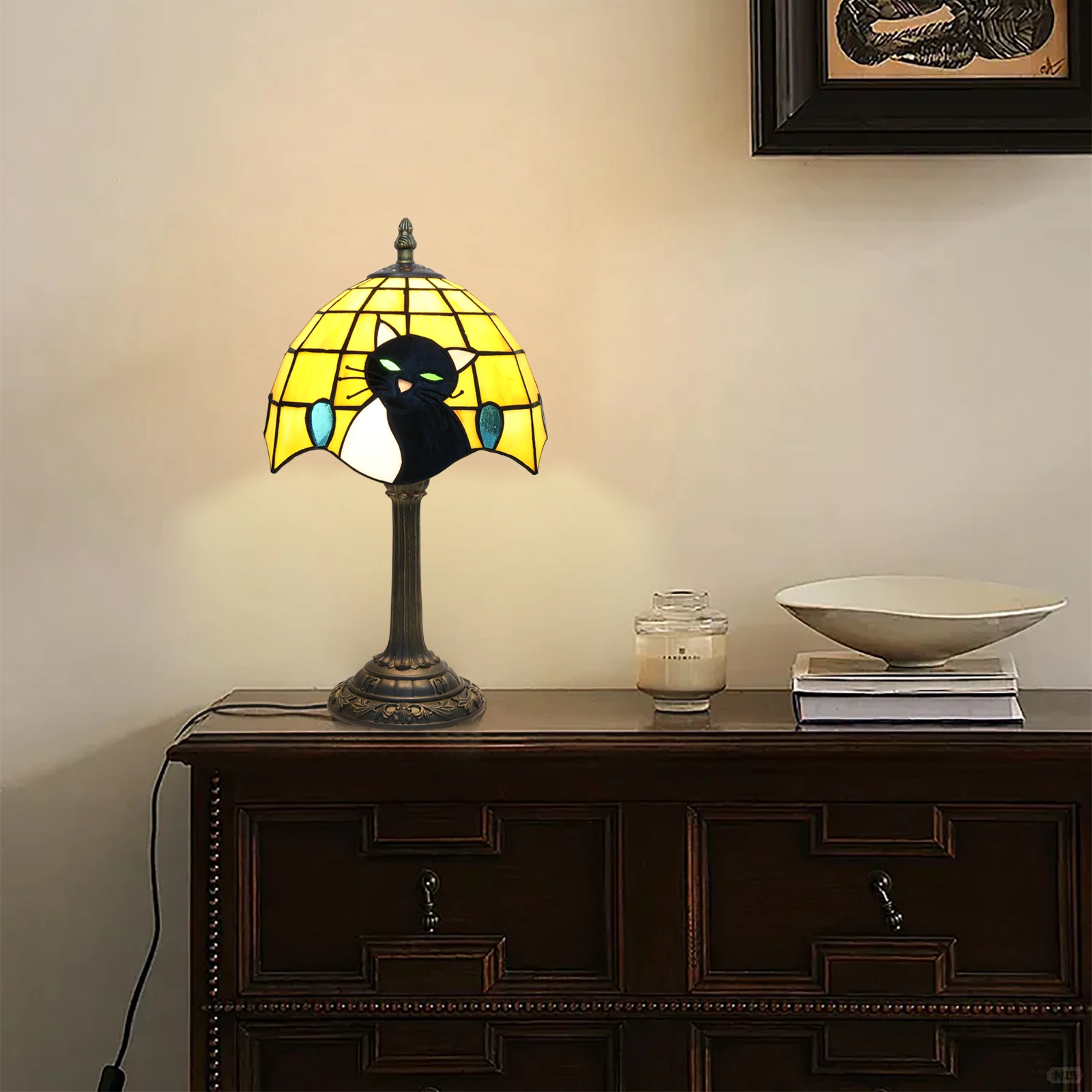 Modern Stained Glass Table Lamp Elegant Cute Retro Black Cat Bedside Night Lamp For Nightstand Bedroom Home Decor Kitchen