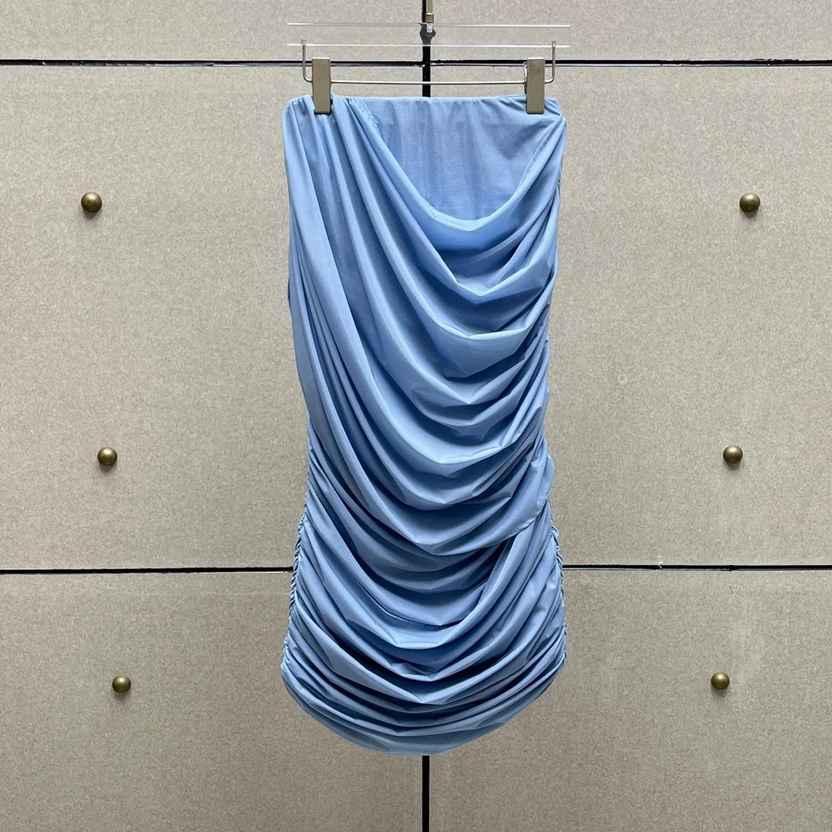 High Quality Women Draped Ruched Midi Skirt Solid Color Shirring Wrap Design Mid‑Calf Length Party Club Daily Bottoms