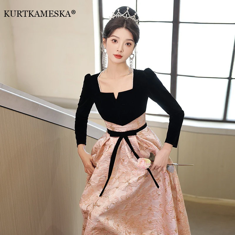Vintage Velvet Evening Dress Long Sleeve Design Jacquard Dress Floral Party Evening Gown Wedding Party Dress A-line Formal Dress