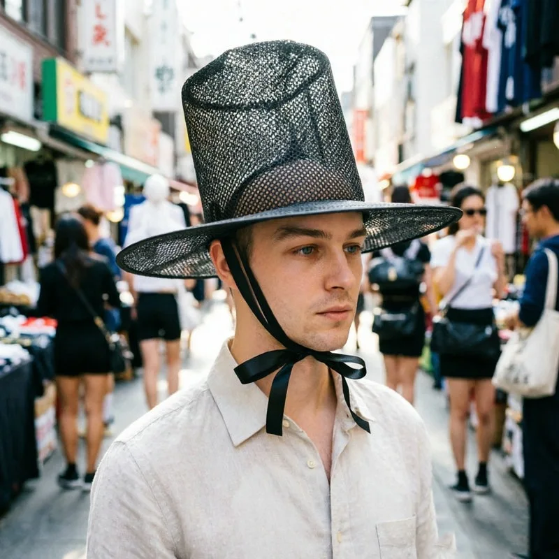 New Men Lightweight Traditional Korean Gat Hat Black Breathable Mesh Joseon Dynasty Hat Halloween Protection Ribbon Cosplay Hat