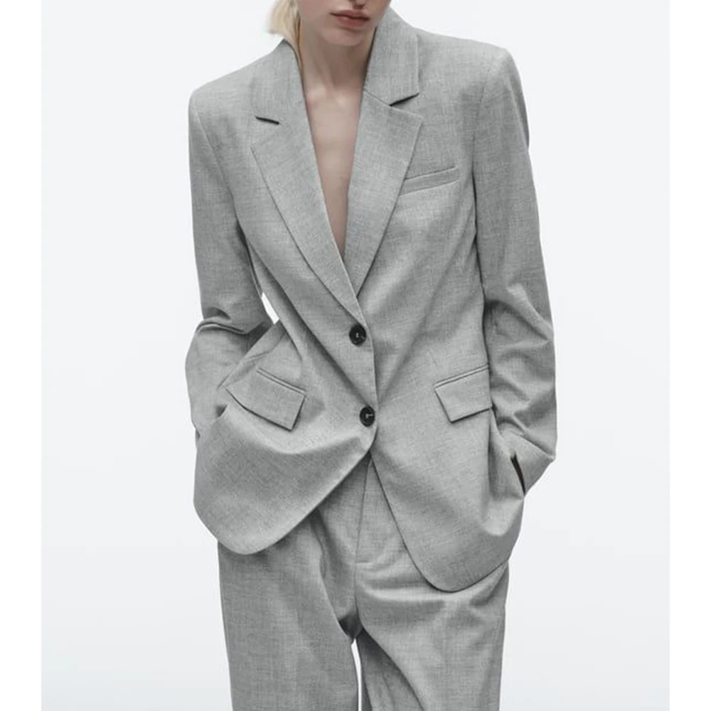 

Women's Loose Fit Gray Blazer Suit Set - Elegant Office Lady Single -Breasted Notch Lapel Business Attire 2025 New(Jacket+Pant）