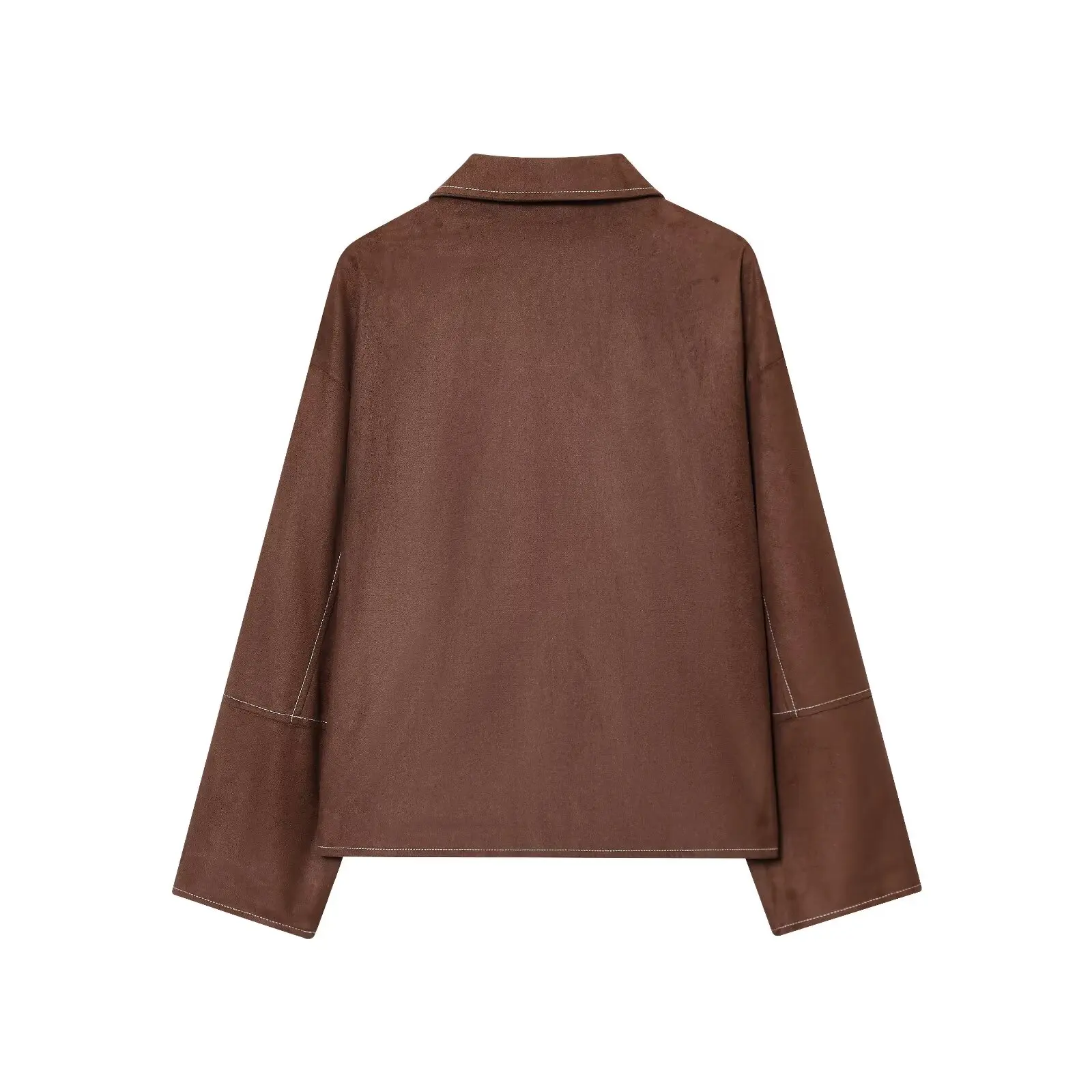 Elegancki, ciemnobrązowy płaszcz damski z zamszu jelenia, nowy model na jesień, uniwersalny krój, materiał poliestrowy, efekt wyszczuplający, długi rękaw.