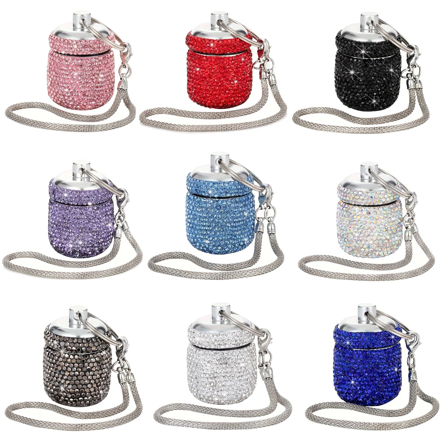 XUQIAN 9 Colour Bling Keychain Pill Box Pendant Waterproof Small Travel Pill Case Container Crystal Medicine Bottle With Chain