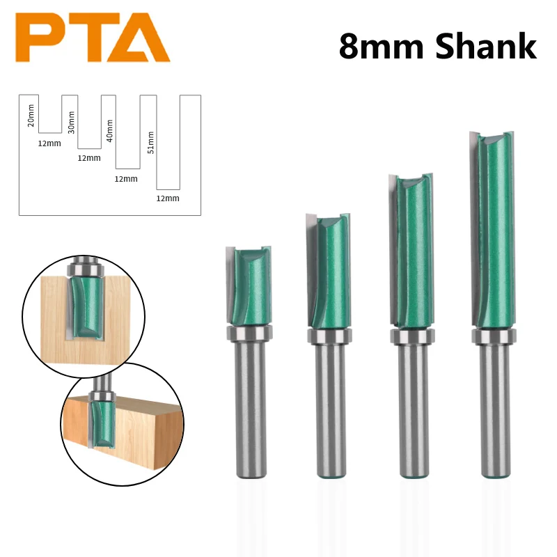 PTA 8MM 생크 D12MM 패턴 라우터 비트 목공 밀링 커터, 목재 비트 페이스 밀 카바이드 커터 엔드 밀