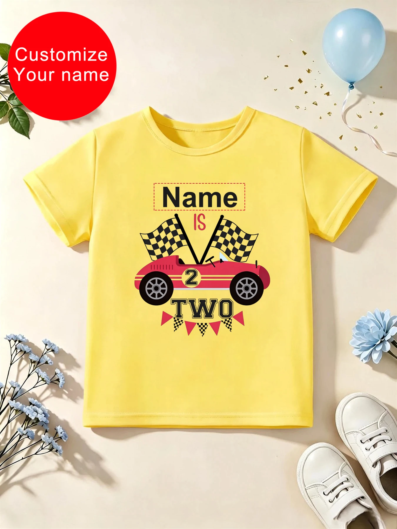 Customize Your Name 2nd Birthday Racing Flags Printed T Shirt Boys 2nd Birthday Gift T-Shirt Funny Kids Clothes