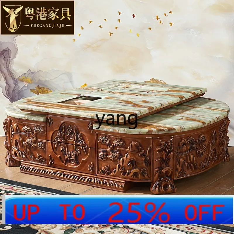 LH solid wood carving flower coffee table upscale hotel club large apartment living room natural marble tea table