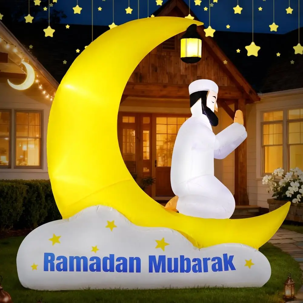 

6ft Ramadan Decorations, Eid Iatable Muslims Pray Under The Moon Blow Up with LED Lights for Holiday Yard Garden Outdoor Decor