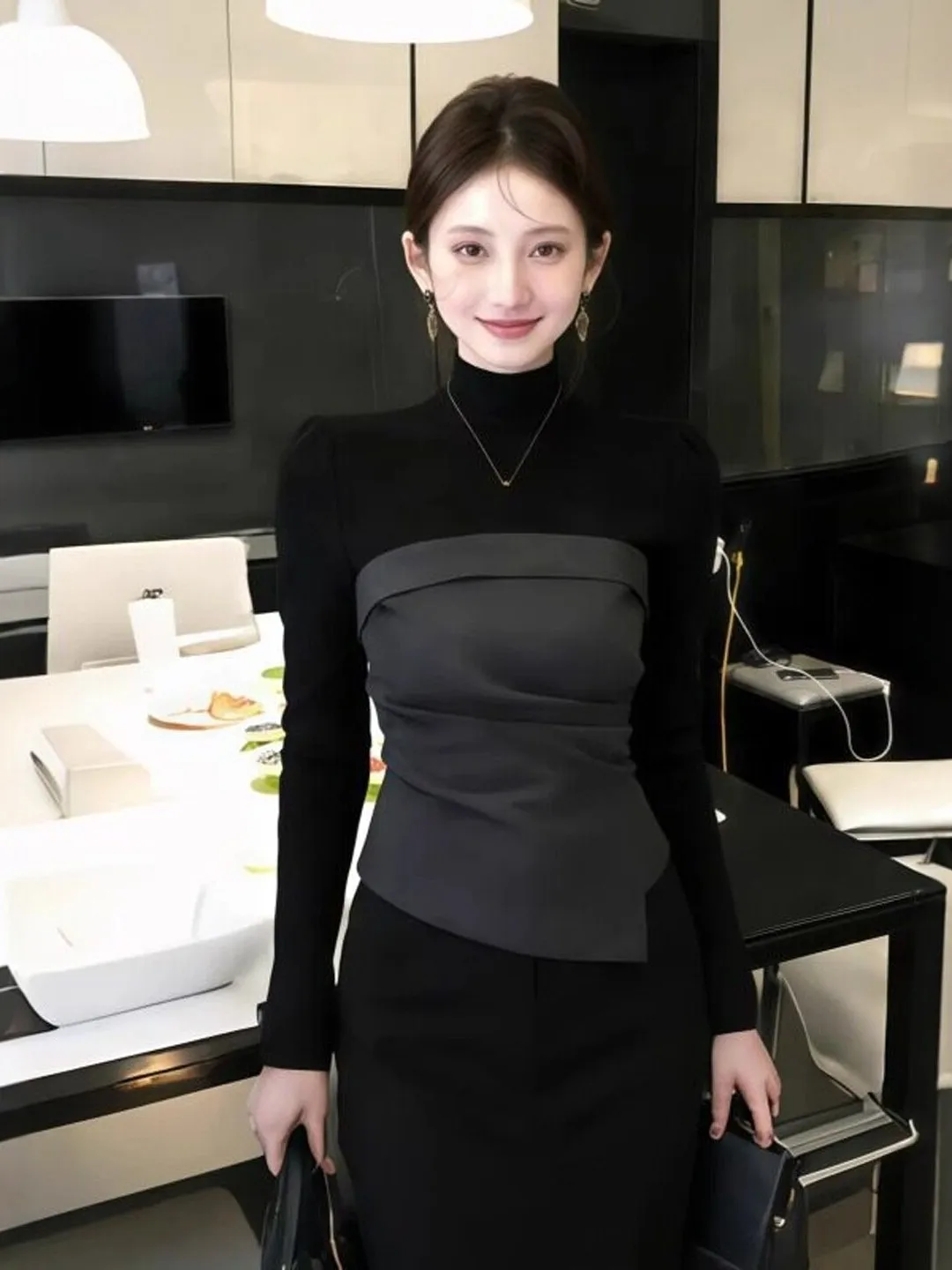 

plus Size Asymmetrical Design Long Sve Top Women's Spring Slimming Waist-cinching Fake Two-Piece T-irt High Waist Commut...