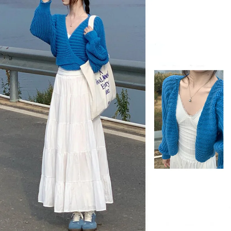 

Женский весенне-осенний изящный короткий свитер на шнуровке, белое платье на бретельках, комплект из двух предметов, корейские женские милые вязаные топы, платья, наряды