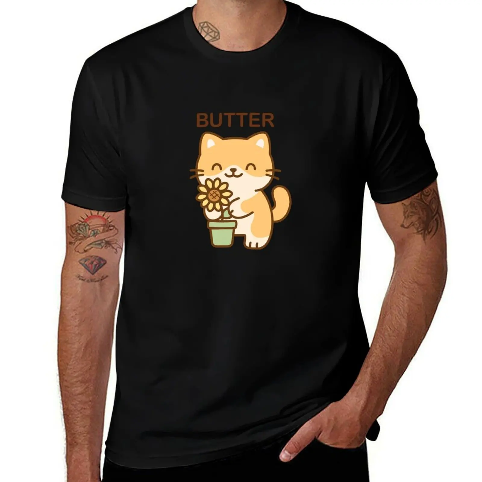 

Cat with Sunflower in Pot T-Shirt cotton graphic tees essential t shirt summer clothes sweat mens plain t shirts