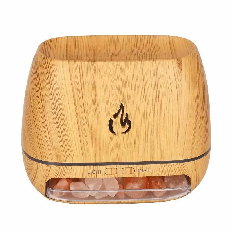 

Wood Grain Himalayan Crystal Salt Stone Aroma Humidifiers 3D Flame Fire Aromatherapy Essential Oil Diffuser With Night Light