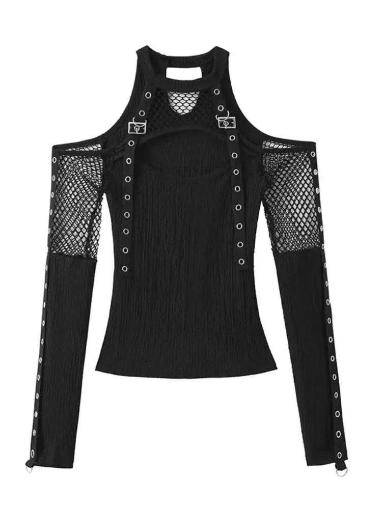 Women Gothic Punk T-shirt 2025 Autumn Women's Fishnet Arm Sleeves Crop Top Gothic Hollow Out Dark Crop Top
