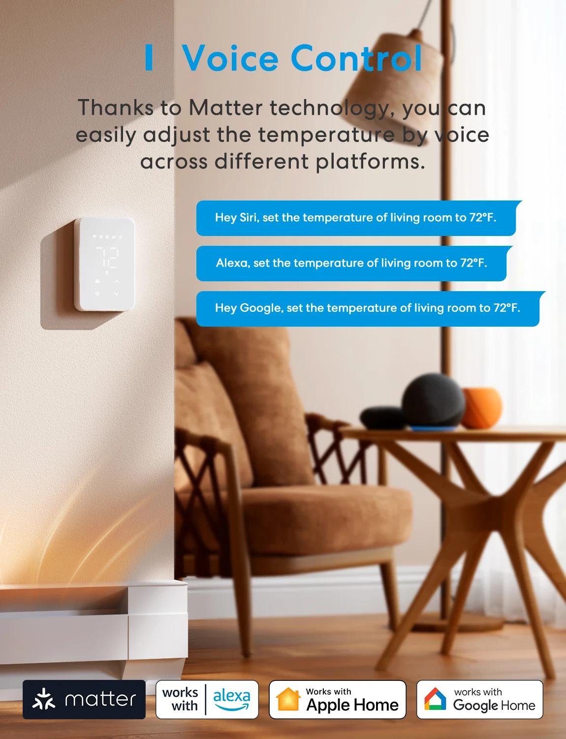 Meross Smart Wi-Fi Thermostat MTS215 US for Electric Baseboard Heater Energy Monitor Supported Work with Matter
