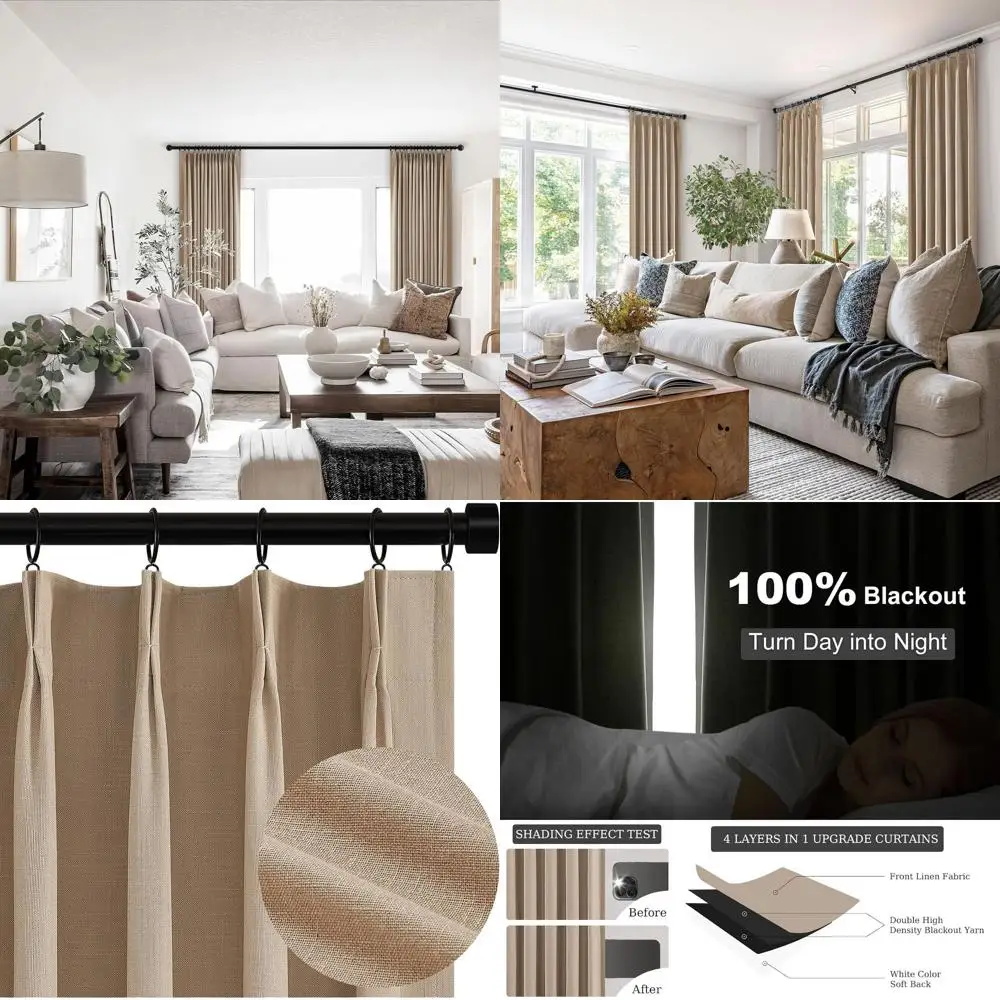 

Коричневые натуральные льняные шторы с защипами, длина 96 дюймов, 100% светонепроницаемые, теплоизоляционные, цвет тауп, комплект из 2 панелей