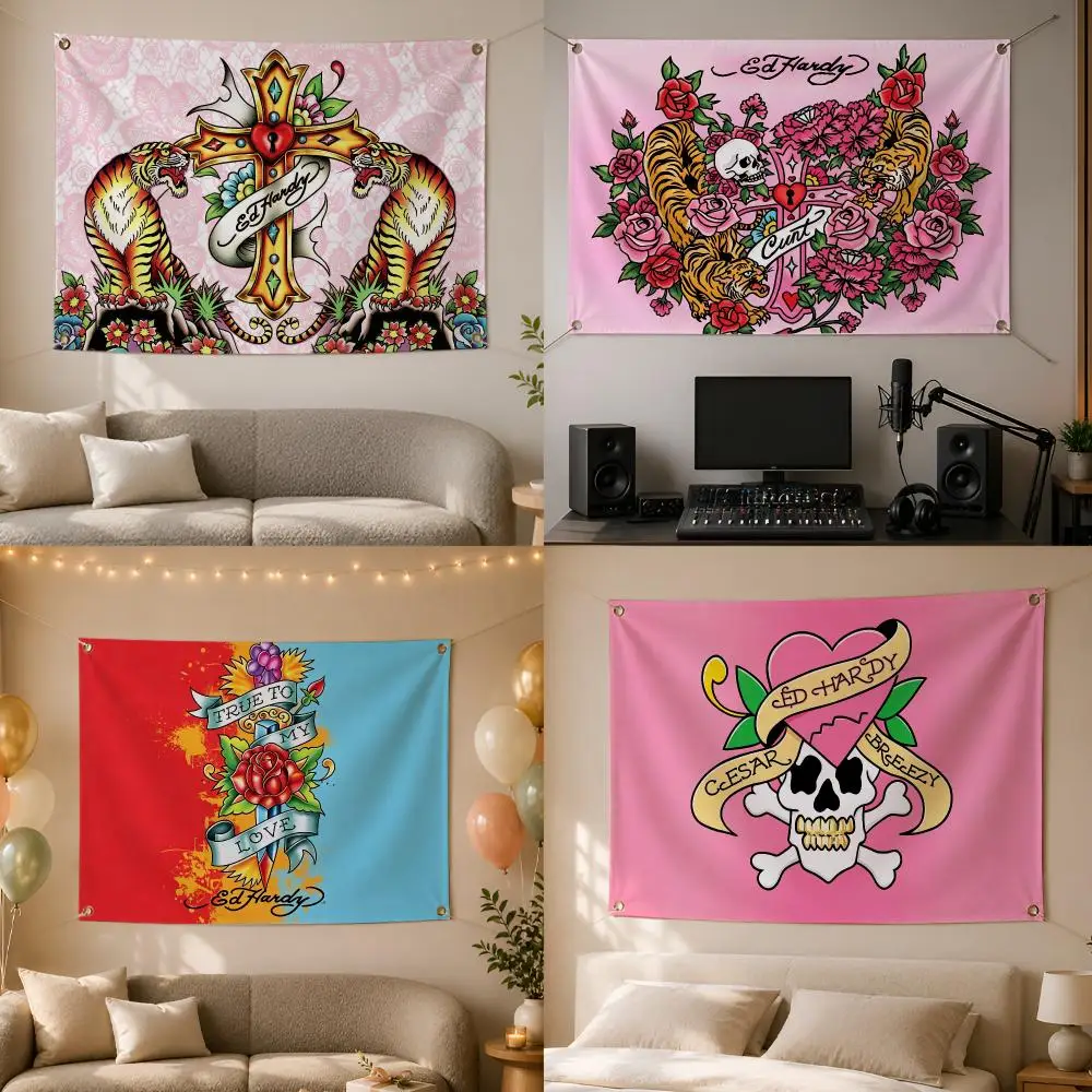 Tattoo Vintage Ed Hardy Art Style Flags Wall Hanging Flag Banner for Bedroom Dorm Party Festival Camping Indoor Outdoor Decor