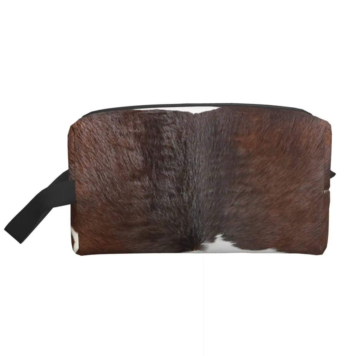 Modern Cowhide Faux Leather Detail Makeup Bag for Women Travel Cosmetic Organizer Cute Animal Hide Leather Storage Toiletry Bags