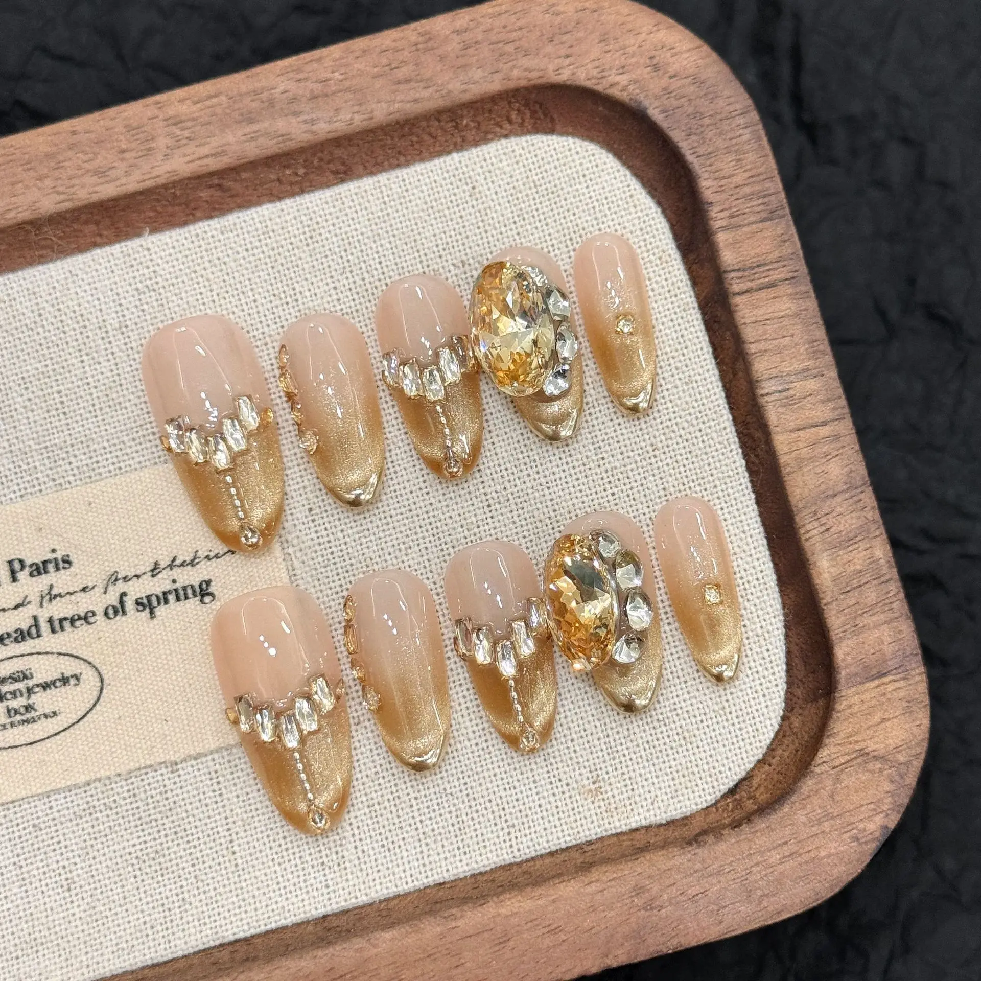 10 PCS Luxury Handmade Press on Nails Middle Oval Burst flash Design with 3-PIECE Tool Adhesive Nail Glue Tabs