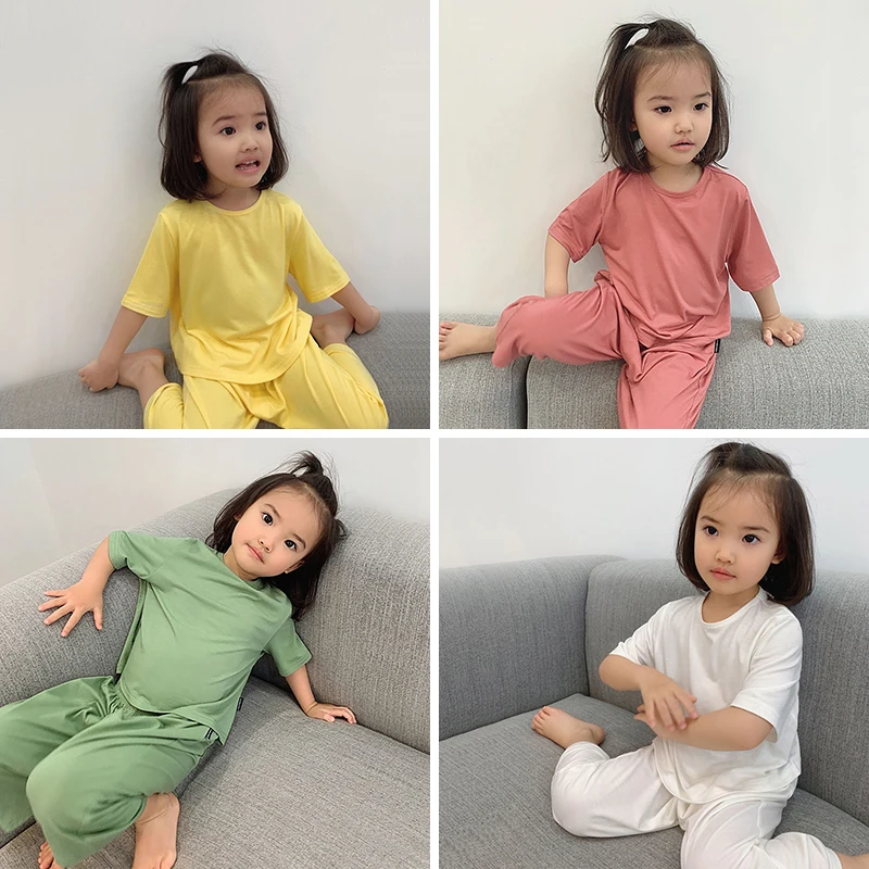 Summer Kids Home Clothes Solid Color Baby Girls Pajamas Set Toddler Seven-sleeved Outfits Children's Pajamas Casual Kids Outfits