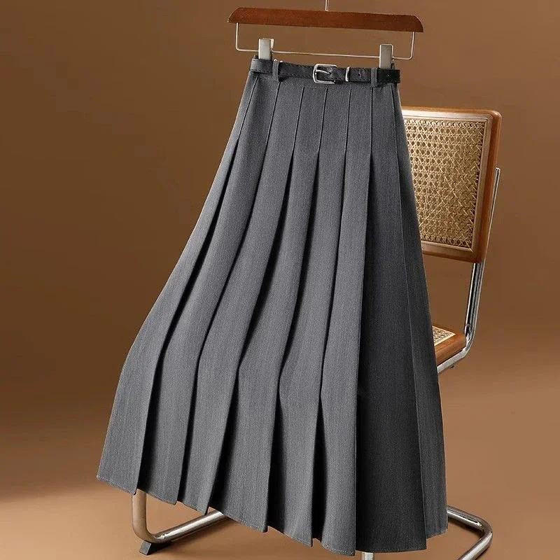 Fashion Grey Casual All Match A Line Skirts Elegant Black Midi Skirts Women Vintage High Waist Pleated Skirt Streetwear Korean