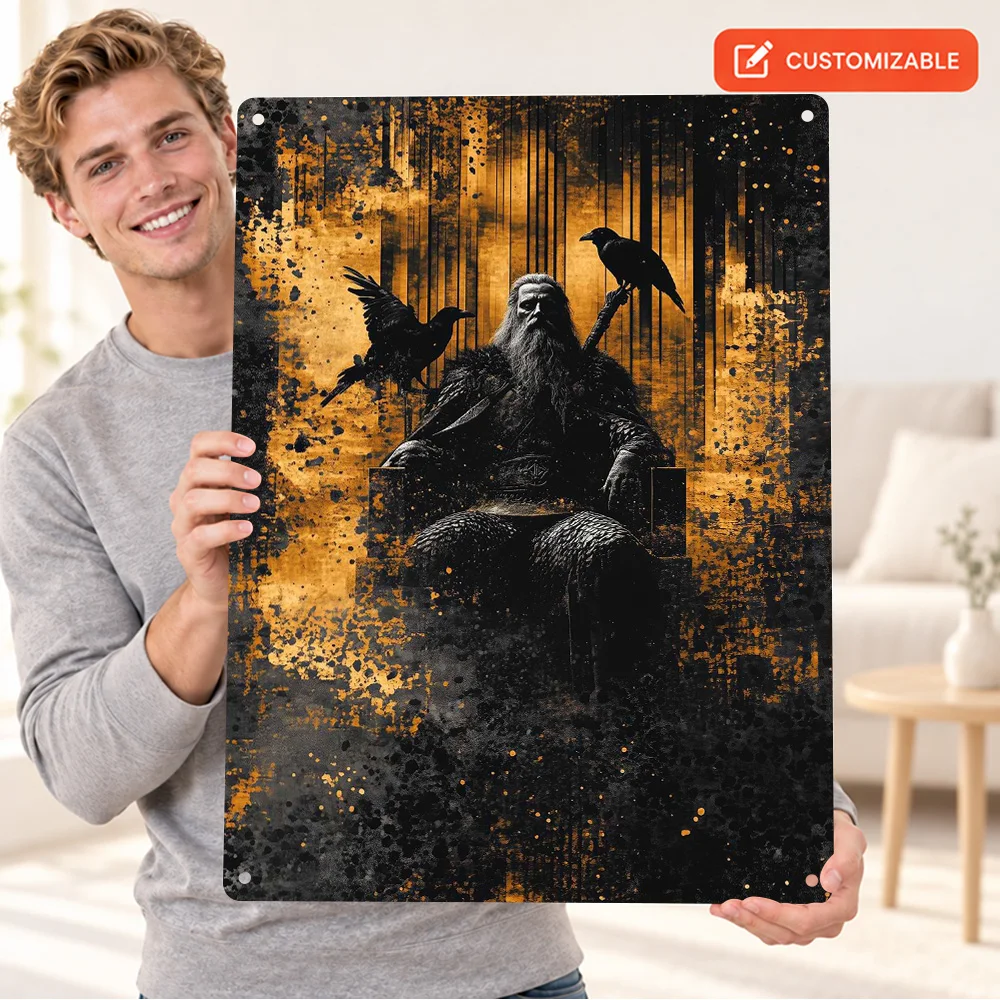 Odin With Ravens Hugin And Munin Aluminum Poster Customized Metal Sign Dramatic Fantasy Illustration Wall Art For Living Room