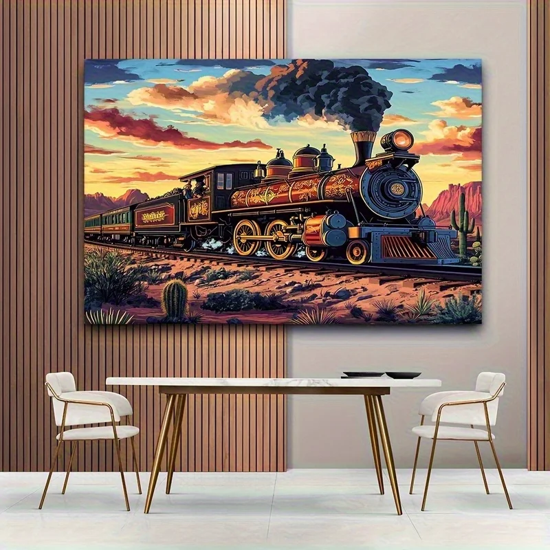 2D Flat, 1pc Vintage Western Desert Landscape Tapestry Wall Hanging - Steam Locomotive & Cacti Boho Train Art with Southwest Loc
