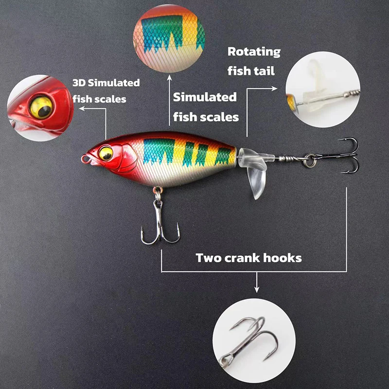 5pcs/box Topwater Fishing Lure 10g Whopper Popper Wobbler Artificial Hard Bait Bass Popper Soft Rotating Tail Fishing Tackle