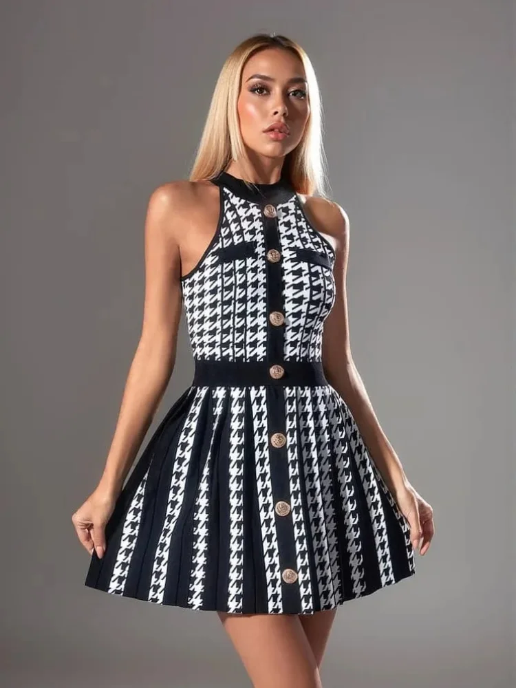 Luxury Brand Design 2026 Women Sexy Sleeveless Tank Elegant Mini Dress Vintage Knitted Bodysuit Vestido Chic Button Lady Clothes