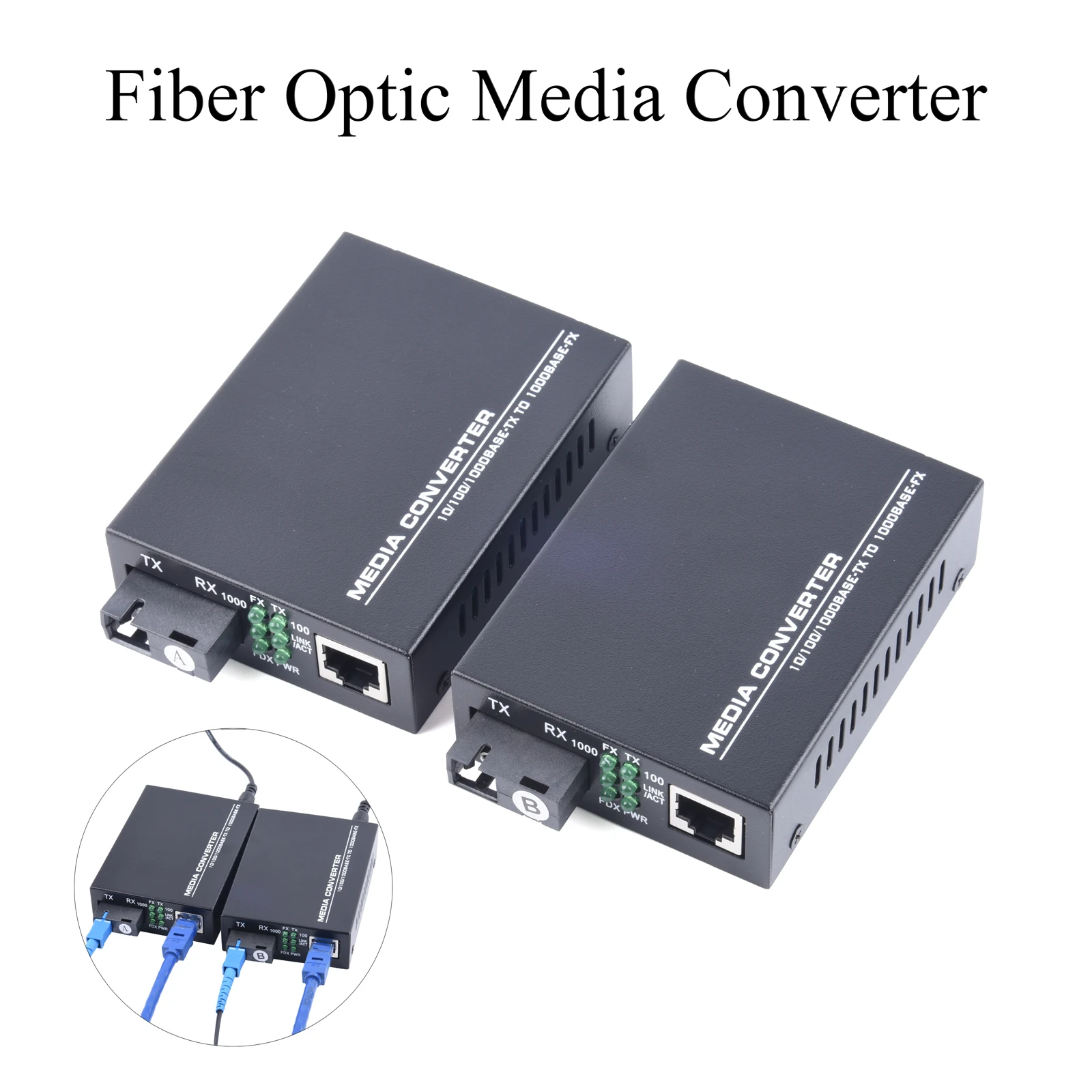 1 Pair Gigabit Fiber Optic Media Converter HTB-GS-03 10/100/1000Mbps Single Mode to RJ45 3Km SC UPC/APC External Power Supply