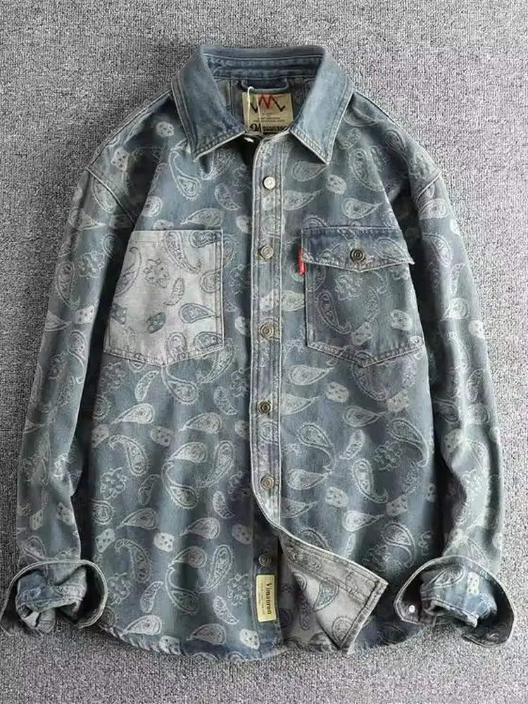 Retro Long Sleeve Men's Denim Shirt with Walnut Flower Pattern Trendy Workwear Style American Coat Youthful And Dynamic