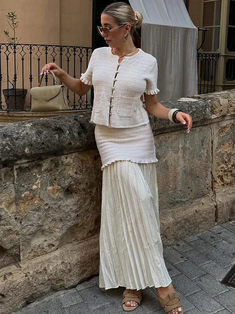 HH Women Casual Knitted Tank Top Pleated Skirt Sets Single Breasted Short Sleeve O Neck T-Shirt Slim Patchwork Skirt Outfit