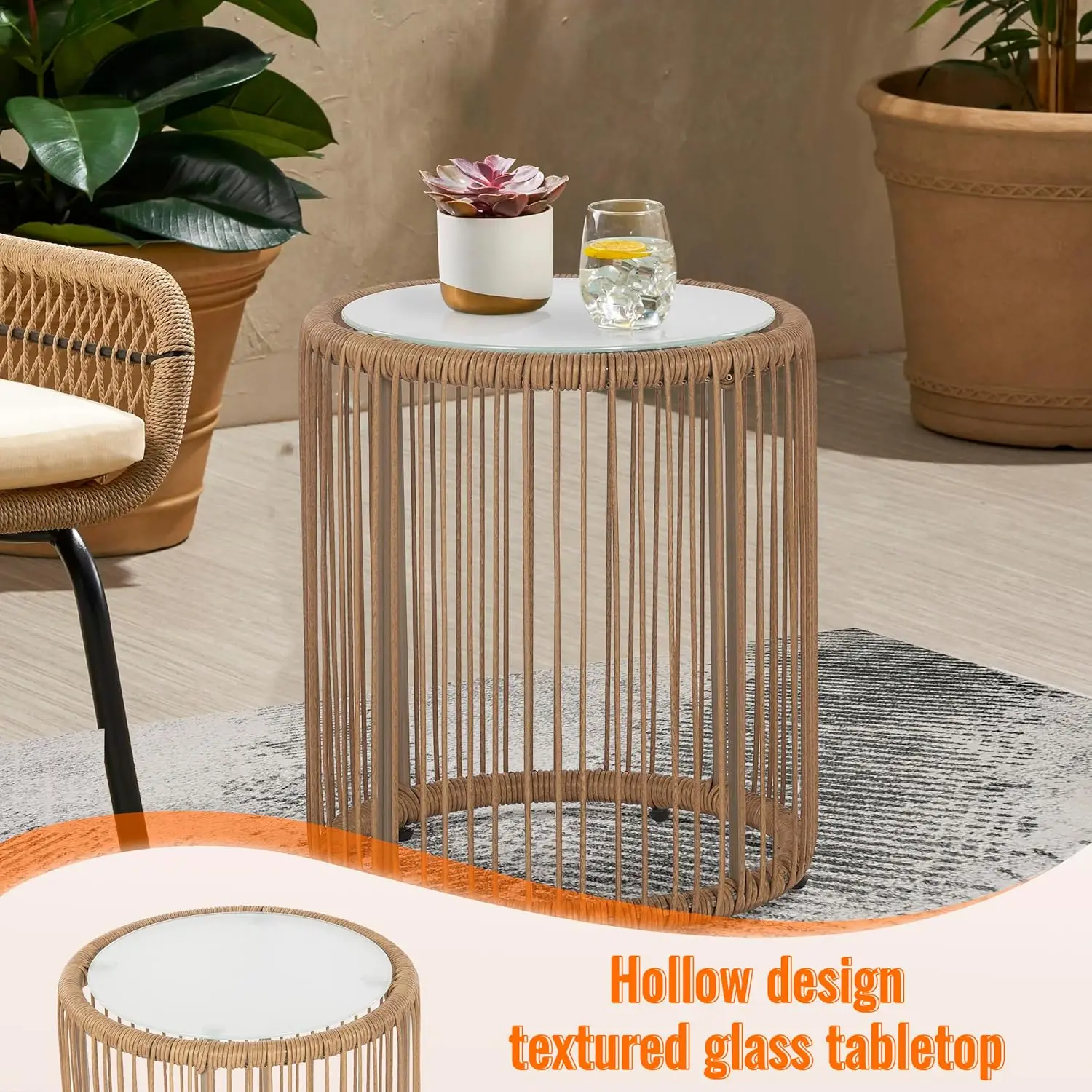 Set di mobili da bistrot in Rattan da 3 pezzi Set di mobili da giardino in Rattan da Patio Set tavolino da caffè in vetro e 2 sedie con cuscini