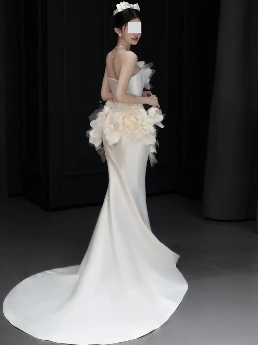 QR Customized New Strapless Top Three-Dimensional Flower Wedding Mermaid Dress Ethereal And Dreamy Vintage-Style Evening Gown
