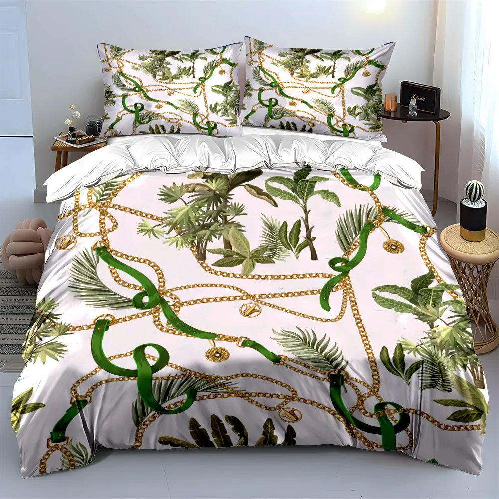 Gold Chains and Green Plants Bedding Set for Kids Luxury Gift 3pcs Digital Print Comforter Set Soft Comfortable Breathable