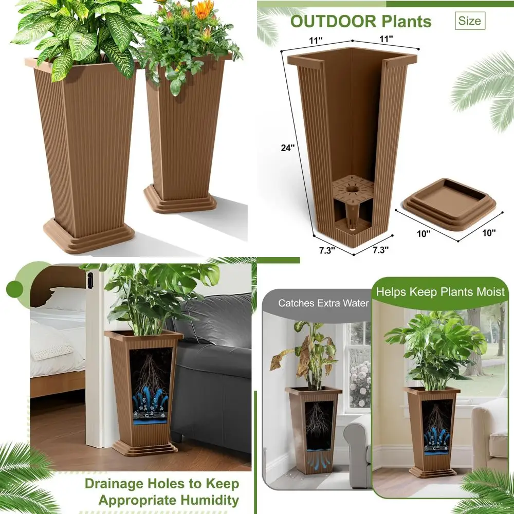 

Outdoor and Indoor 24-Inch Tall Planters Set, 2-Pack Tapered Flower Pots with Drainage, Ideal for Patio and Porch Decor