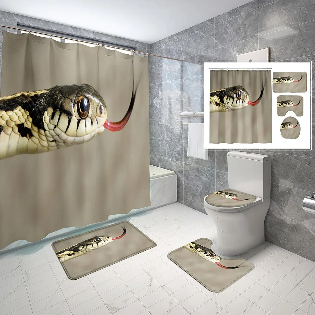 Wildlife Snake Shower Curtain 4 Pcs Set Cobra Realistic Picture Shower Curtain For Bathroom Non-Slip Bath Mat Toilet Lid Cover