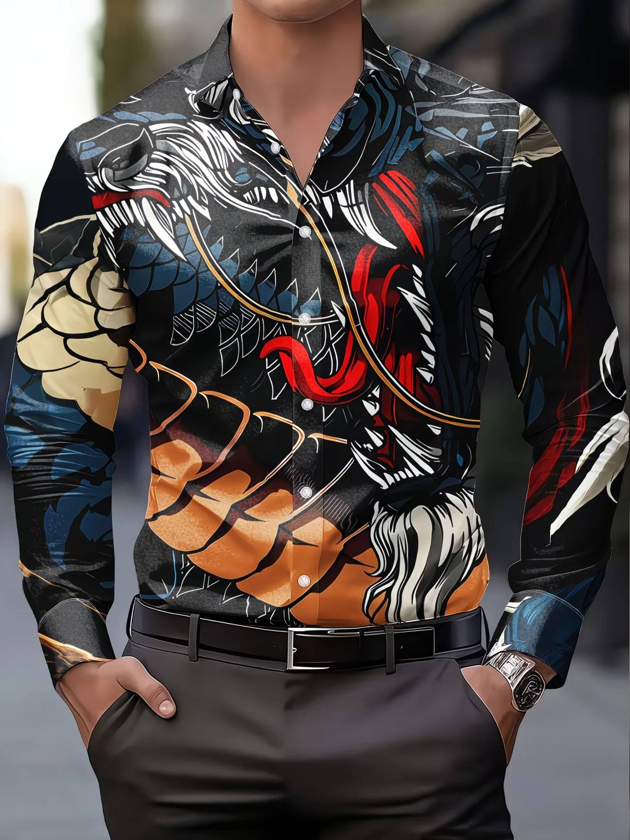 New Heavy Industry Dragon Scale Totem Shirt Men's Long Sleeve Shirt Single Breasted Slimming Street Top
