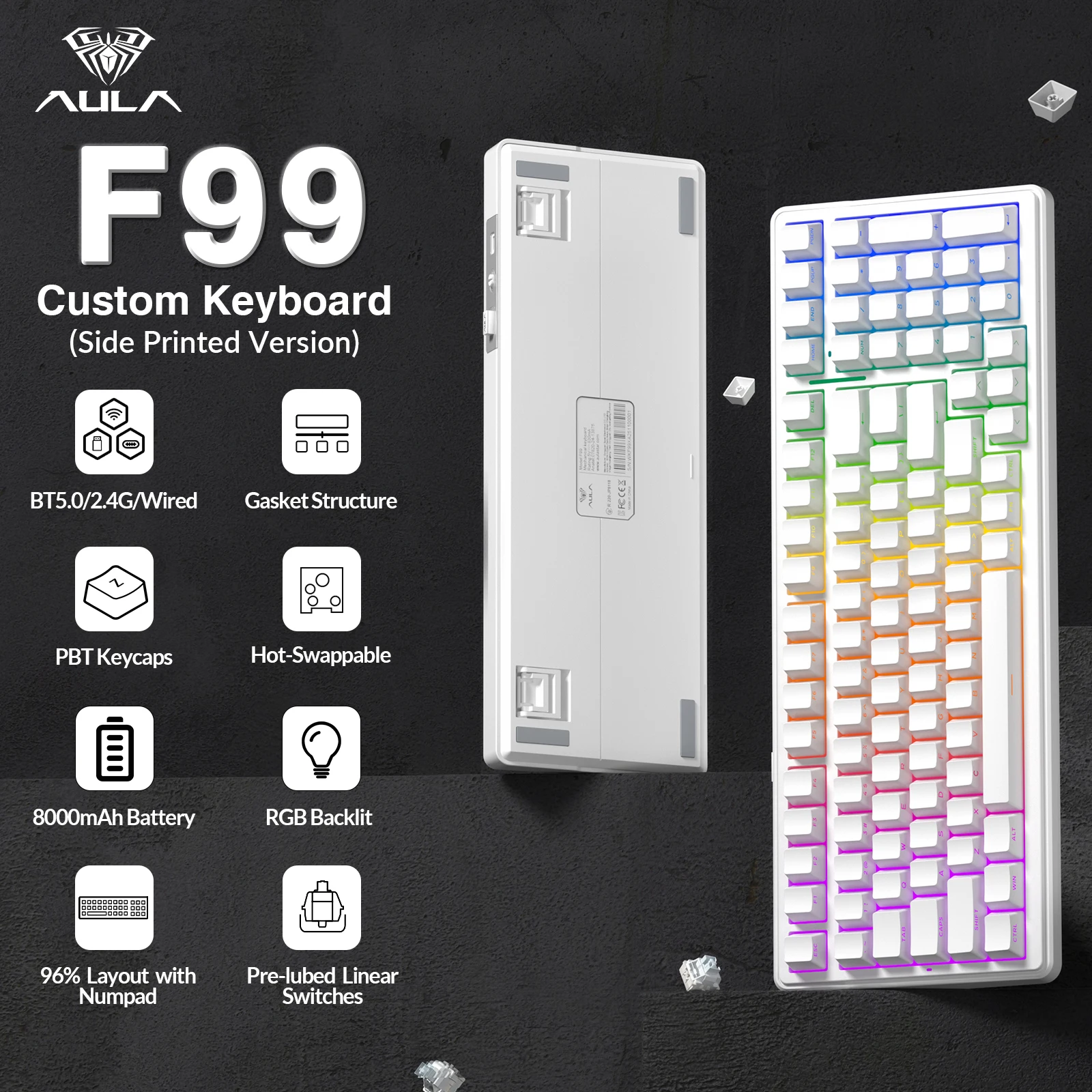 AULA F99 Upgrade Version 99% Layout 8000mAh Large Battery Full Keys Hotswap Tri-mode Conection for PC for Laptop