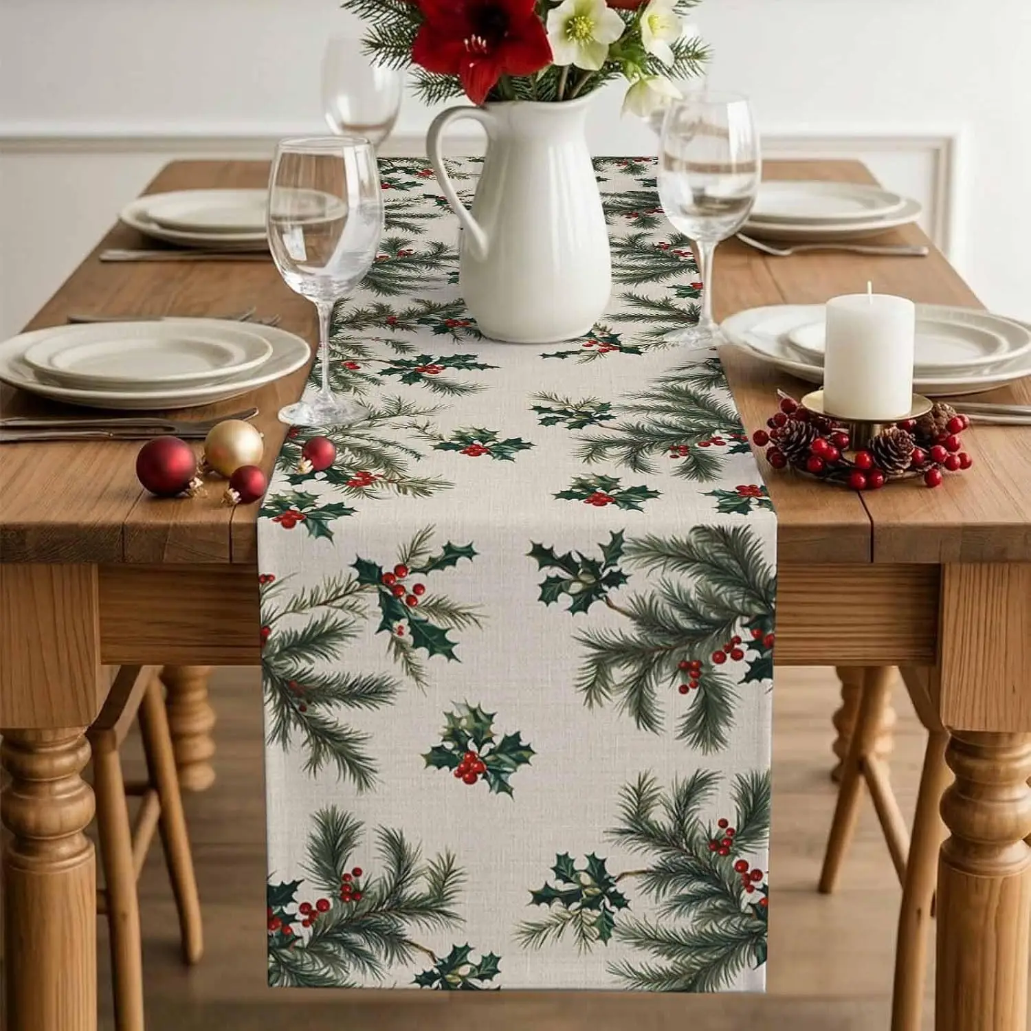 Christmas Green Pine Needles Berry Table Runner Holiday Party Decor Reusable Kitchen Dining Table Runner Christmas Decorations