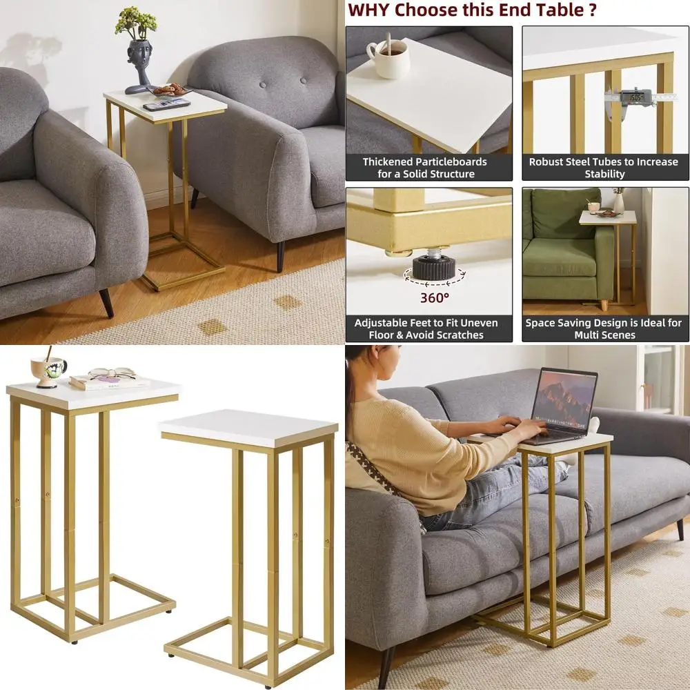 

Маленький приставной столик C-образной формы, для гостиной/спальни, белый и золотой, 16x12x25 дюймов