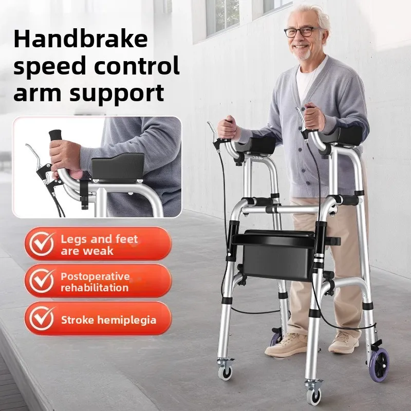 

Foldable Stand Up Walker with Armrest Pad - Adjustable Hemiplegia Rehabilitation Walkers with Handbrake, Walkers for Seniors,