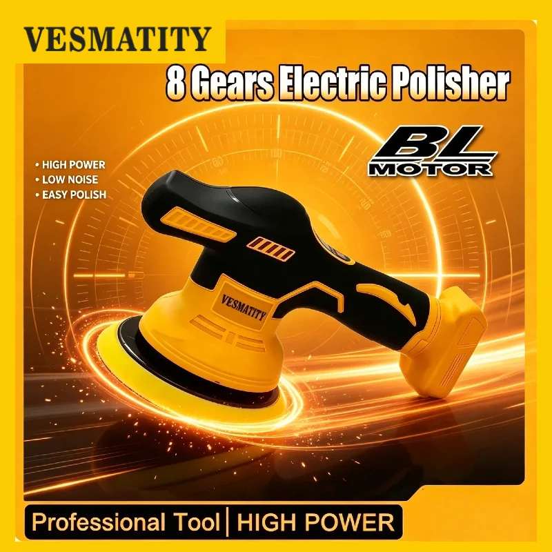VESMATITY Cordless 8 Gears Digital Display Car Polisher Electric Polisher Auto Car Waxing Polishing Machine for DeWALT Battery