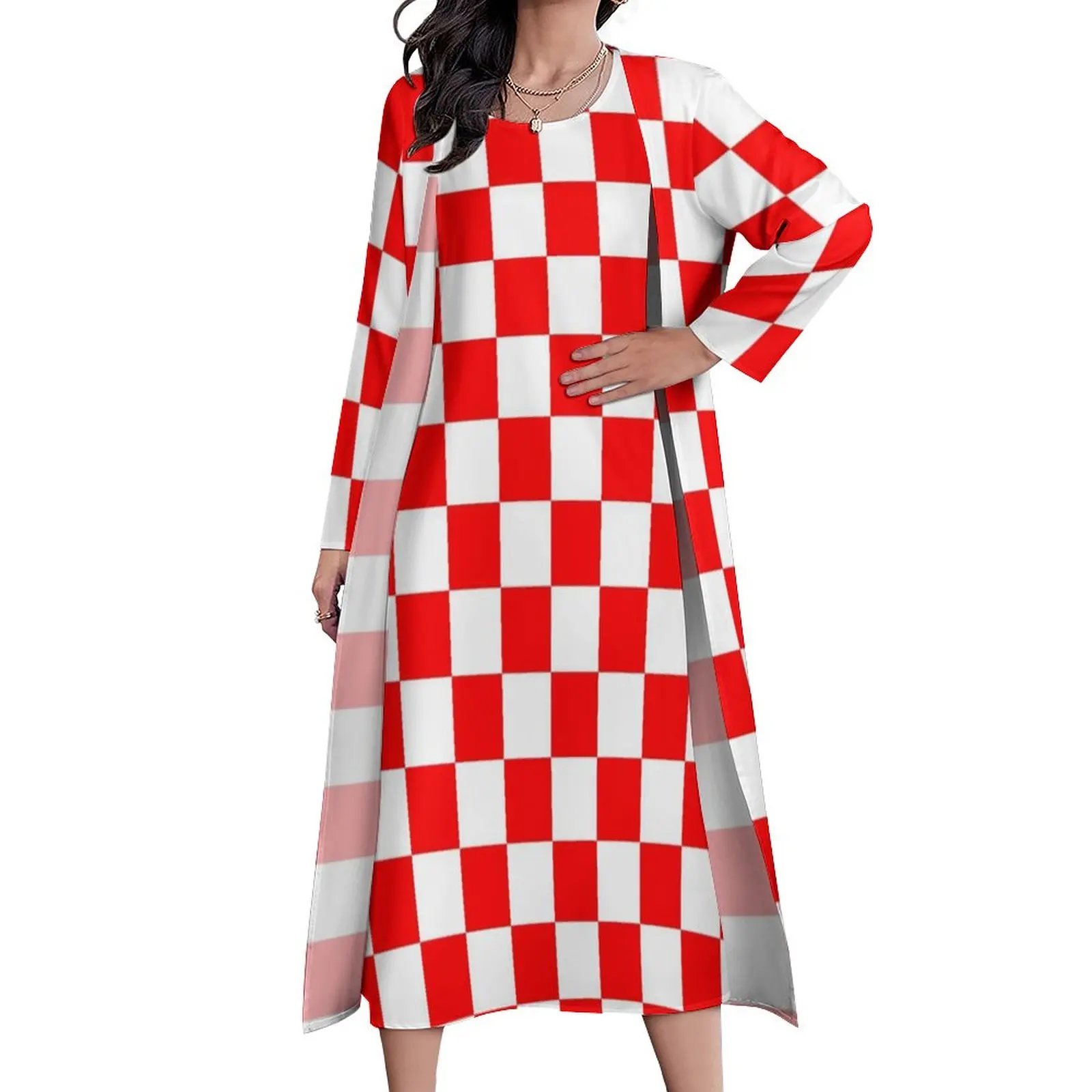 Croatian Checkerboard Dress Red White Square Cute Maxi Dress Street Fashion Boho Beach Long Dresses Long Sleeve Graphic Vestidos