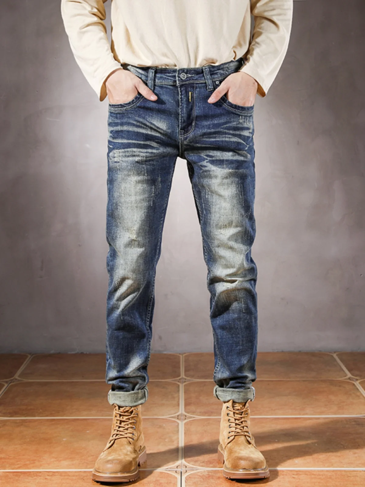 

Retro Faded Jeans Men's Slim Straight Leg Jeans Cotton Stretch Denim Casual Wear Resistant mid Waist Five kets Autumn New