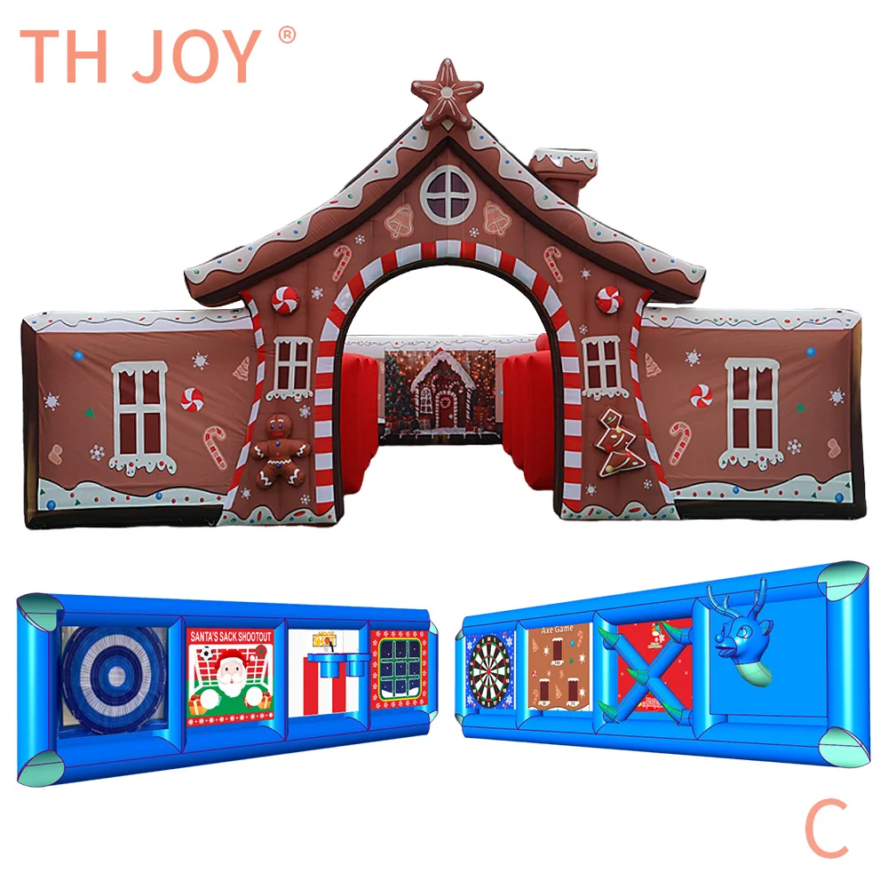 fast air ship to door, 8x8m custom Christmas inflatable maze gingerbread inflatable Christmas house with 8 carnival games combos