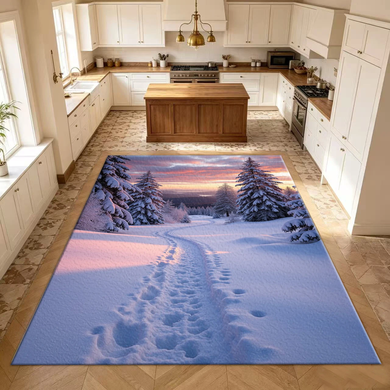 Sunset Winter Snow Forest Carpet Flooring Snowy Path Scenery Print Area Rug Home Floor Mat for Living Room Bedroom