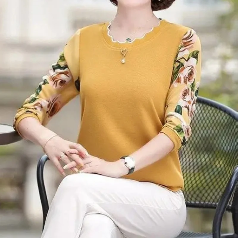 

Office Solid Patchwork Floral Printing Chiffon Shirt Autumn O-Neck Long Sleeve Loose Pullovers Blouse Women's Clothing JJ82