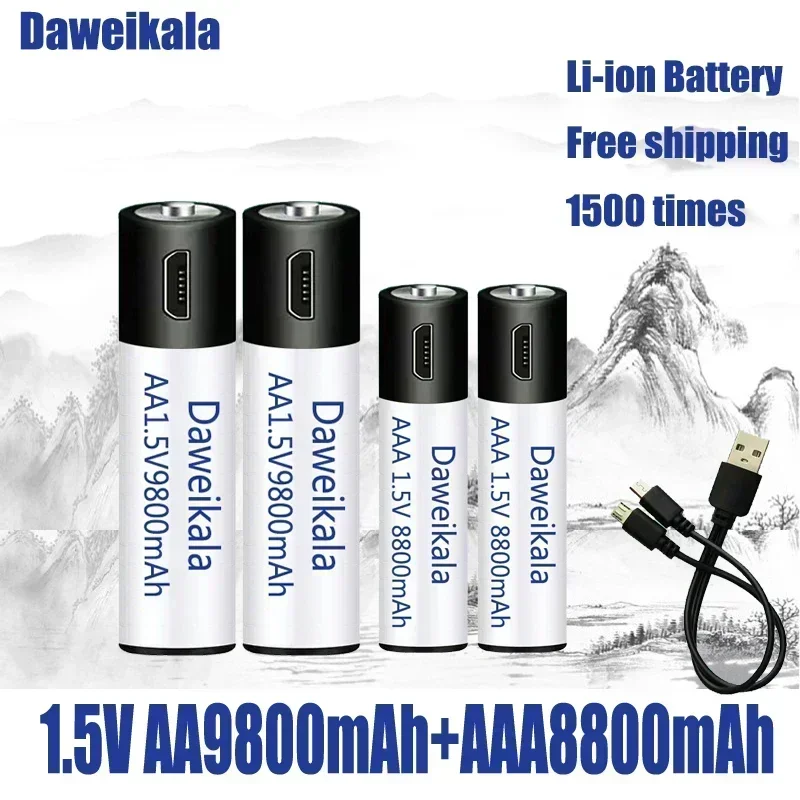 Batería recargable USB AA + AAA de 1,5 V, baterías de iones de litio AA 9800mAh/AAA 8800mAh para juguetes, reloj, reproductor MP3, termómetro + Cable