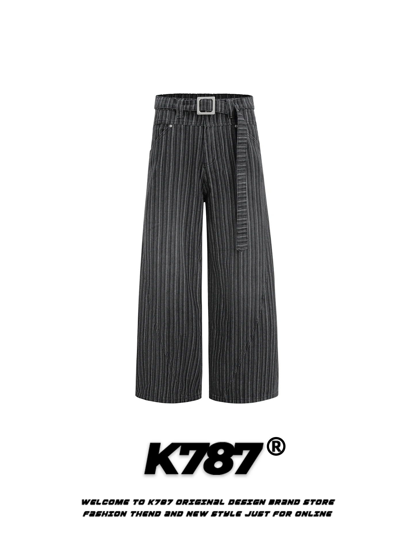 

K787 American Retro Striped Belt Casual Pants Loose High Waist Men Women Wide Leg Straight Tube Pants Casual Cotton Polyester